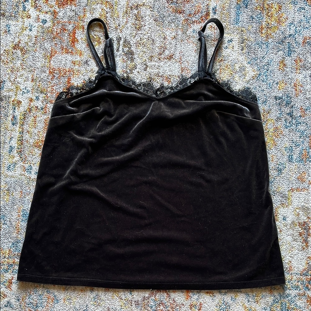 Dark grey Velvet Camisole with Lace eyelash Trim